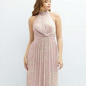 After Six 6882....Band Collar Halter Metallic Pleated Dress...Pink Gold...Sz S